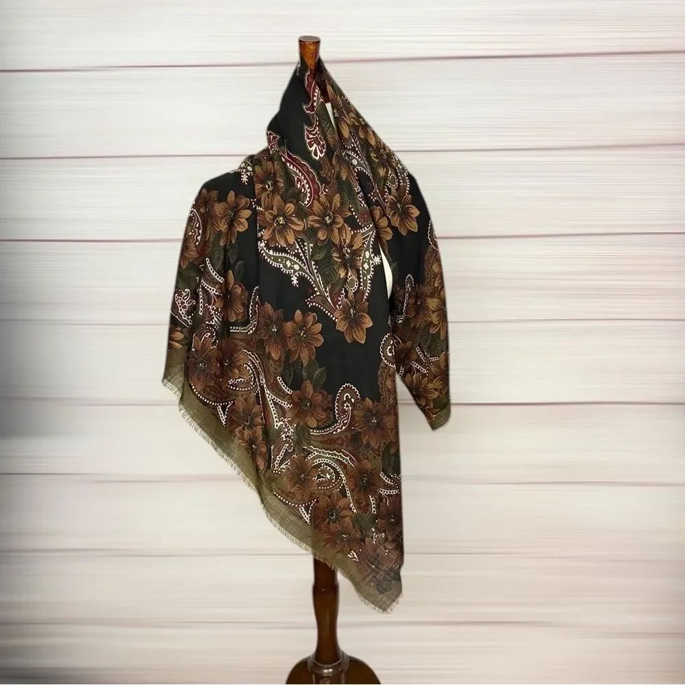 Vintage Charter Club Large Wool Square Scarf Floral Paisley Brown Olive Black